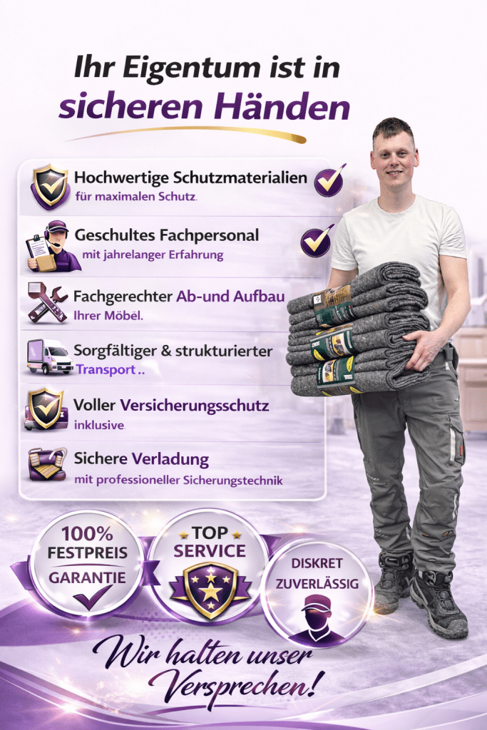 Ihr Eigentum ist in sicheren Händen bei Müller Umzugsservice & Entrümpelung – professioneller Schutz, geschultes Fachpersonal und sicherer Transport für Privat- und Firmenumzüge.