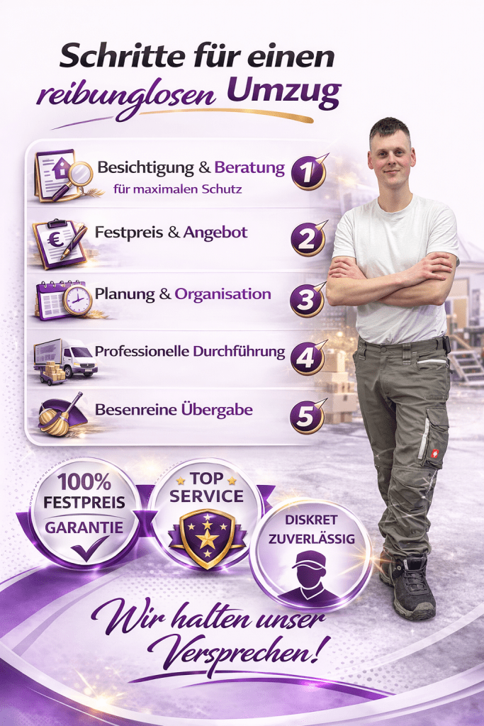 Schritte für einen reibungslosen Umzug mit Müller Umzugsservice – von kostenloser Besichtigung über transparente Festpreise bis zur professionellen Durchführung und besenreinen Übergabe.