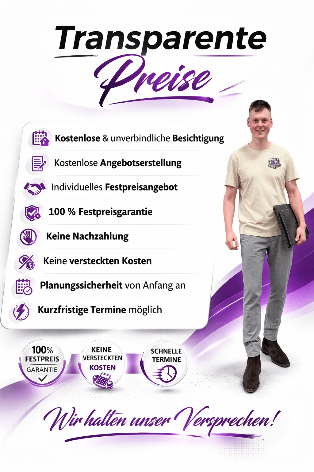 Transparente Preise bei Müller Umzugsservice – kostenlose Besichtigung, individuelles Festpreisangebot und 100 % Preisgarantie ohne versteckte Kosten für Ihren Umzug.