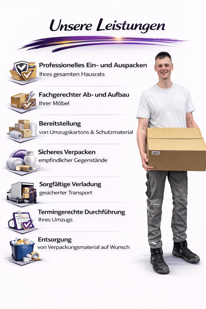Unsere Leistungen bei Müller Umzugsservice & Entrümpelung – professionelle Umzüge, sichere Transporte, fachgerechter Möbelaufbau, Entrümpelungen und Rundum-Service für Privat- und Firmenumzüge.